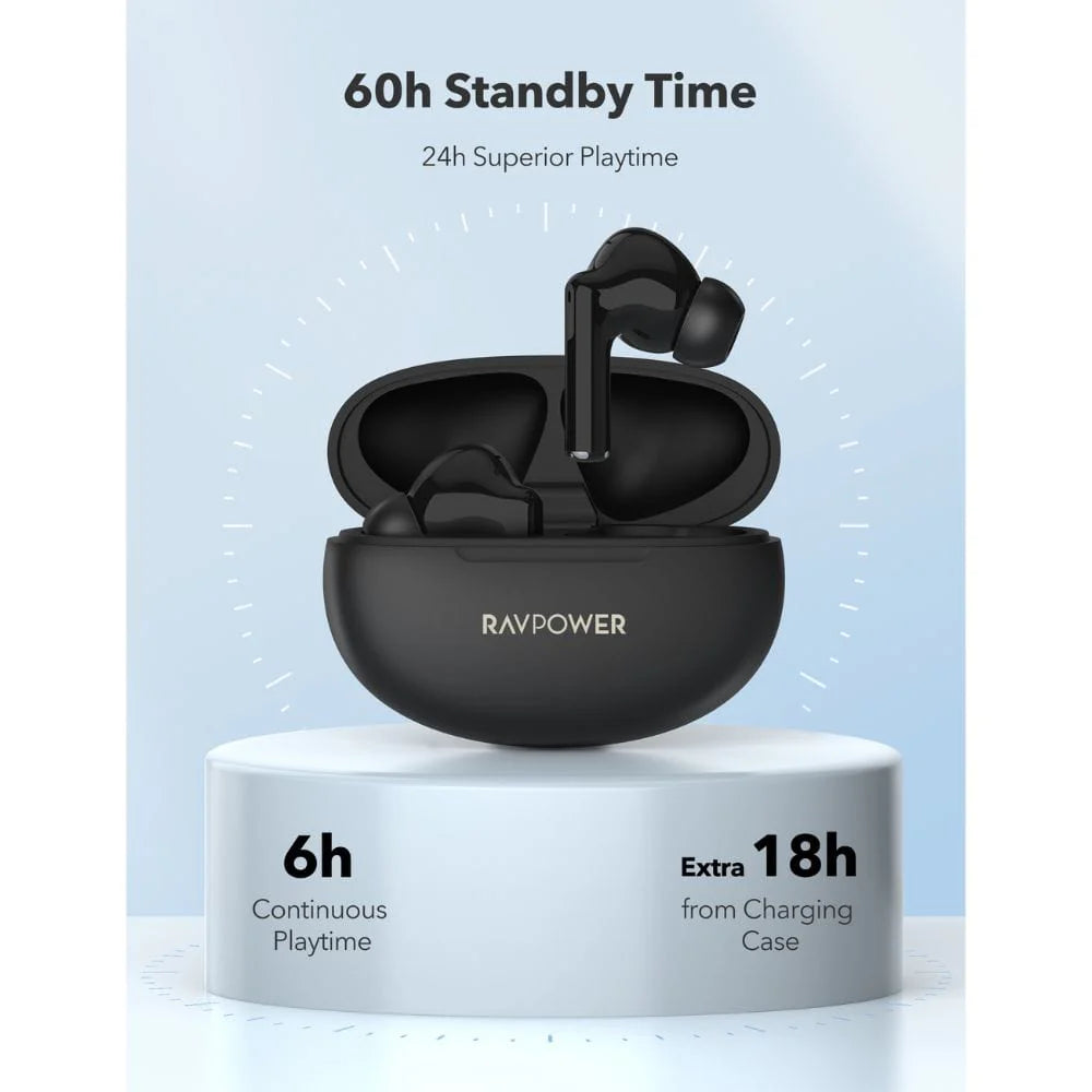 Guhguhkên Bêtêl ên RAVPower BH1018 bi Dema Lîstinê ya Heta 24 Saetan - Reş | Guhguhkên Bluetooth-ê yên Bêtêl ên Stûdyoyê yên Rastîn ên RAVPower BH1018, Heta 24 Saetan - Reş