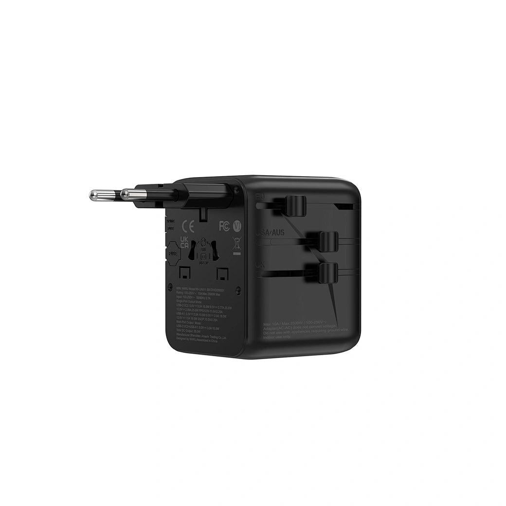 محول سفر عالمي ويوو GaN بقدرة شحن 25 واط - اسود | WiWU Wi-UA011 Warrior 25W GaN Universal Adapter 2C1A
