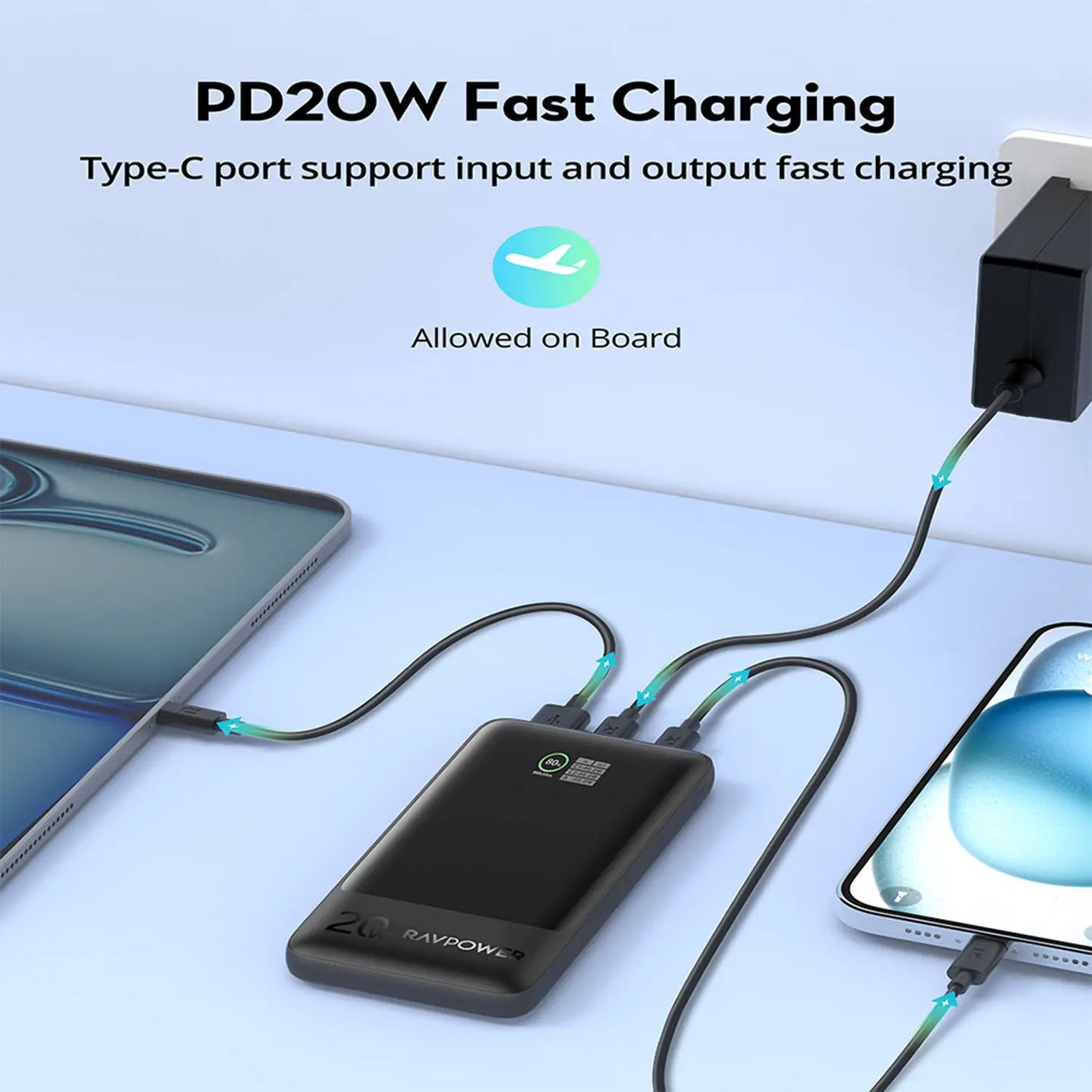Banka Hêzê ya RAVPOWER PB1237 10,000mAh bi Şarjkirina Bilez a 20W - Reş | Banka Hêzê ya RAVPOWER PB1237 20W 10000mAh – Reş