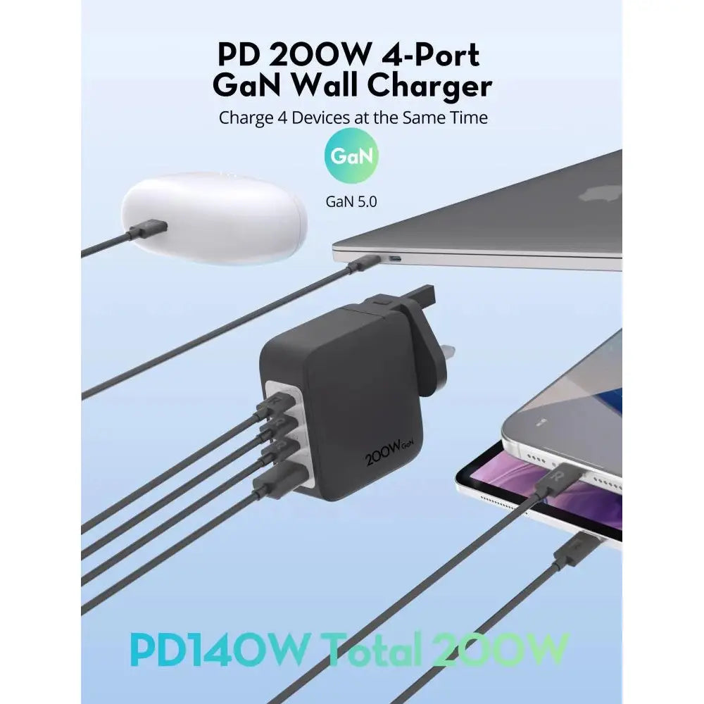شاحن جداري راف باور PC1088 بقدرة 200 واط مع 4 منافذ - اسود | Ravpower Wall Charger Black PC1088 200W 4-Port