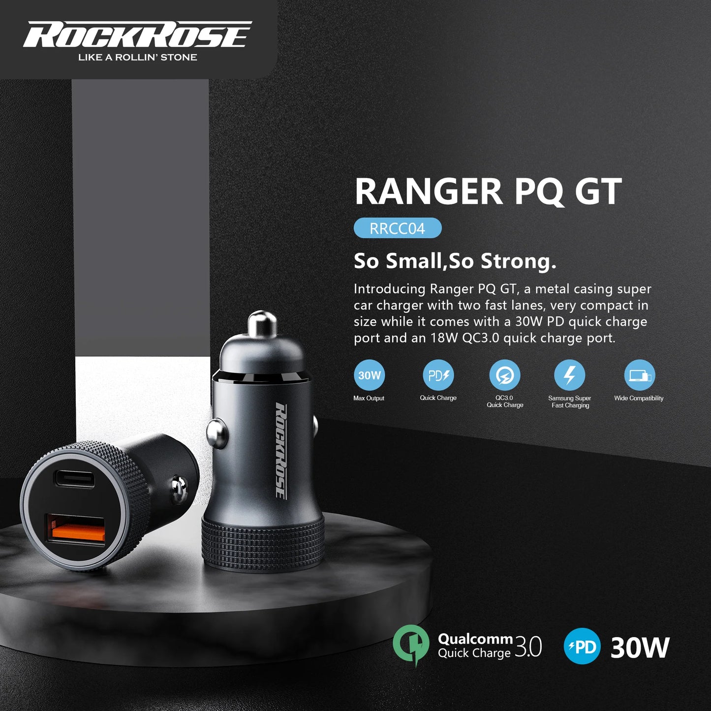 شاحن سيارة روك روز Ranger بمنفذي يو اس بي اي وتايب سي وبقدرة شحن 30 واط | RockRose Ranger PQ GT 30W PD & QC 3.0 Dual Port Car Phone Charger Adapter