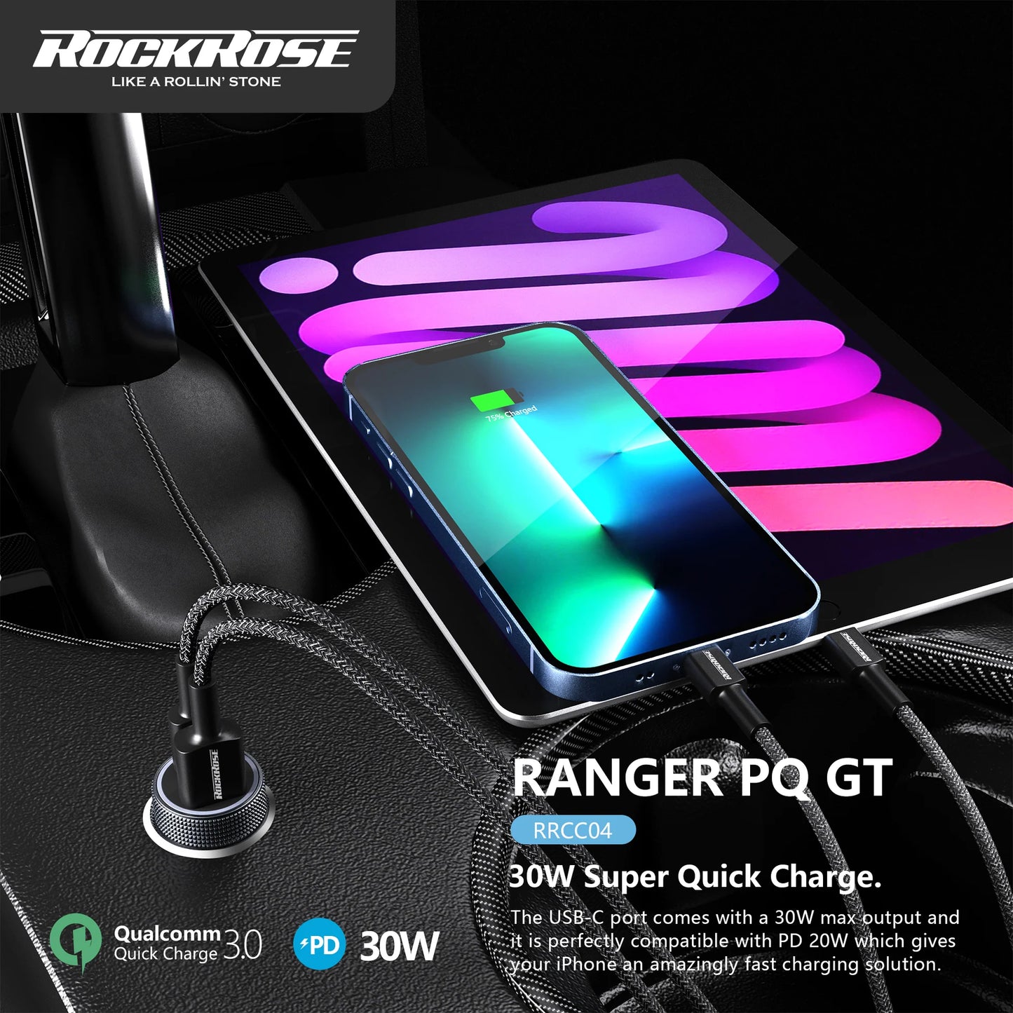 شاحن سيارة روك روز Ranger بمنفذي يو اس بي اي وتايب سي وبقدرة شحن 30 واط | RockRose Ranger PQ GT 30W PD & QC 3.0 Dual Port Car Phone Charger Adapter