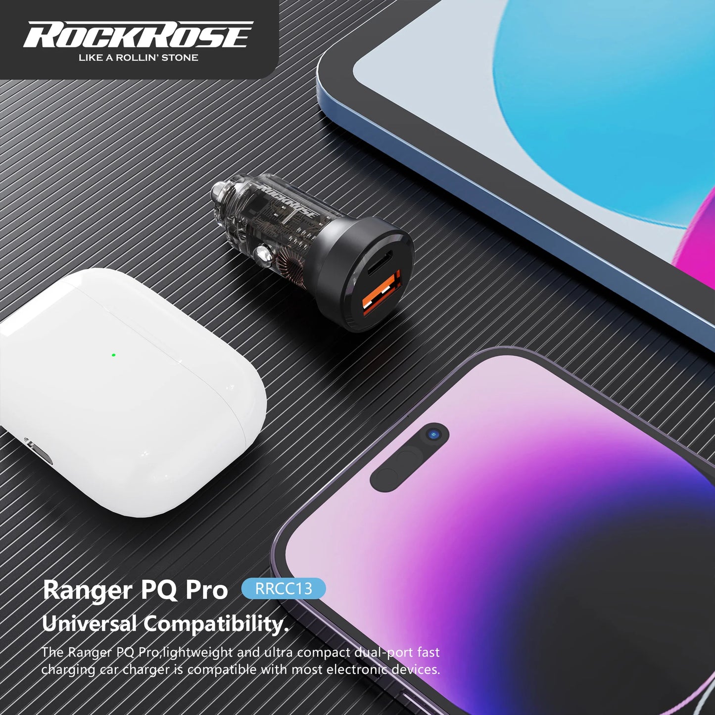 شاحن سيارة روك روز بمنفذي يو اس بي اي وتايب سي وبقدرة شحن 30 واط  | Rockrose 30W PD & QC 3.0 Dual Port Car Charger