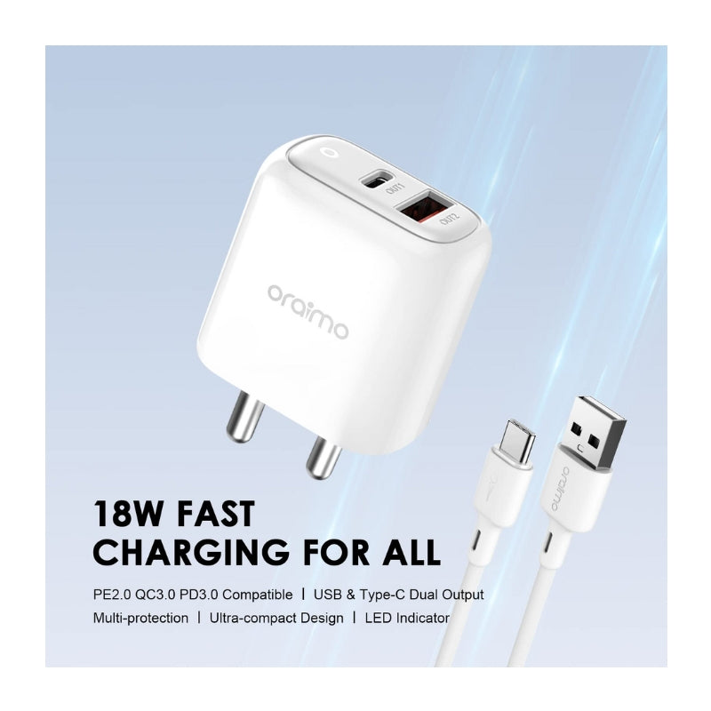 شاحن جداري أورايمو Cannon 2 Pro بقدرة شحن 18 واط مع كيبل مايكرو - أبيض | Oraimo Cannon 2 Pro 18W Charger With Micro Cable - White