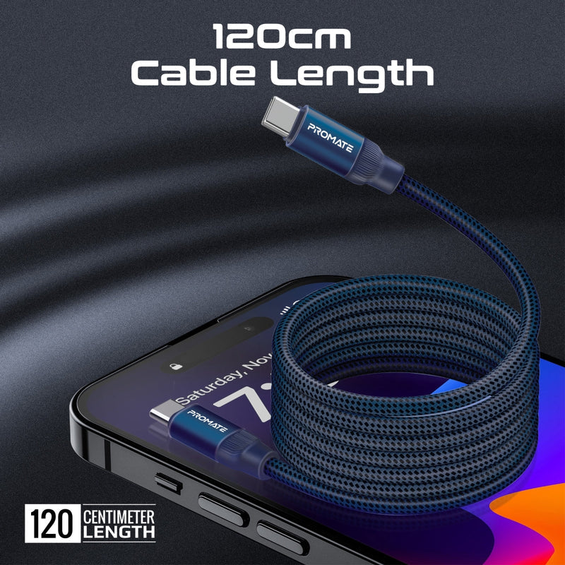 Promate Springy Blue nylon braided cable and reversible USB-C connectors