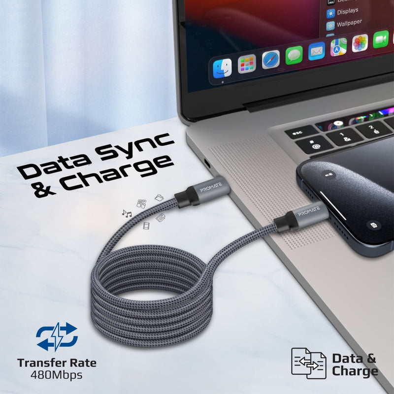 Promate Springy Grey 1.2m cable charging a laptop at 60W