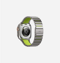 UNIQ Strova Flex stainless steel Apple Watch strap Titanium Silver Lime Green - worn on wrist