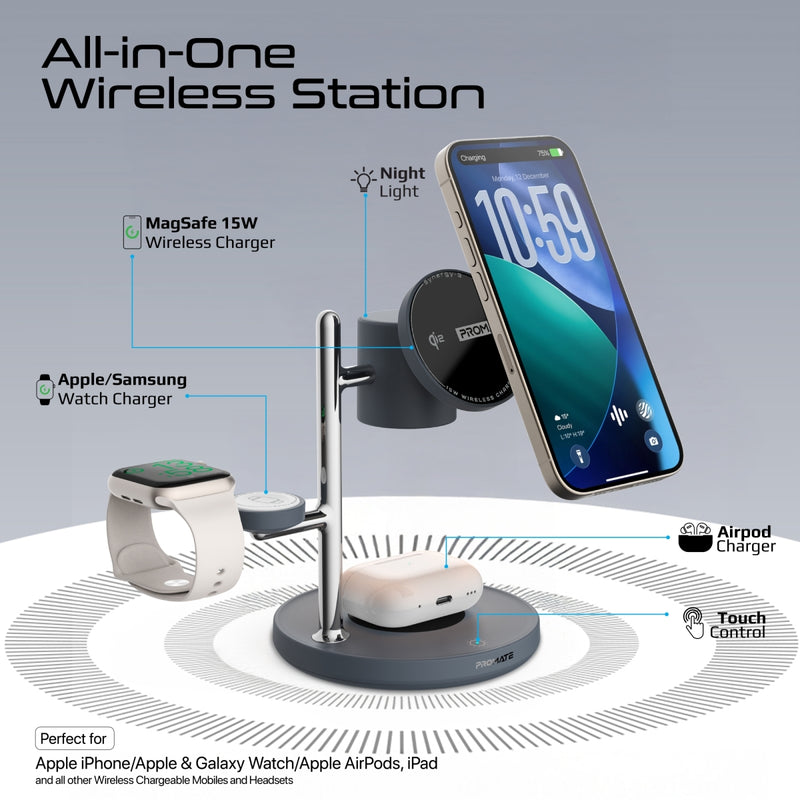 Promate Synergy-3 شحن الآيفون 15 واط والـAirPods والساعة سوية - أسود