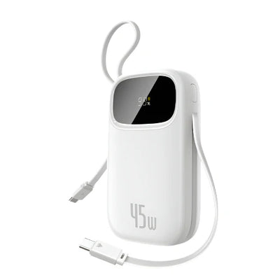 Baseus EnerFill FC31 Power Bank 10000mAh 45W White (2 Built-in Cables) | باور بانك بيسوس انرفيل 10000 مللي أمبير 45 واط أبيض
