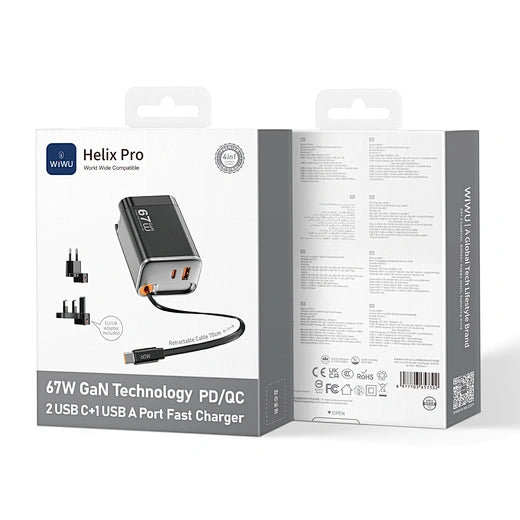 شاحن ويوو هيليكس برو Wi-G027 67W GaN مع كيبل قابل للسحب 70سم ومحولات | WiWU Helix Pro 67W GaN Charger Wi-G027 with 70cm Retractable Cable & Adapters