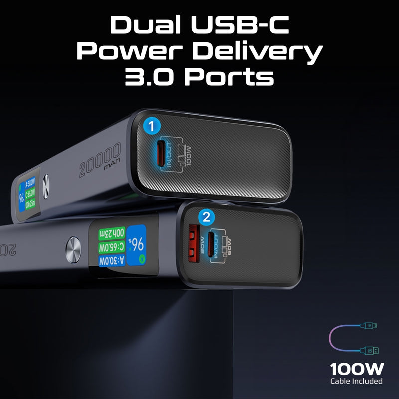 Promate Titan-130 Power Bank 20000mAh 130W TFT LCD Black-Screen