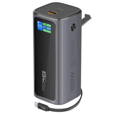Promate Titan-130RC Power Bank 20000mAh 130W Retractable USB-C Black-Front