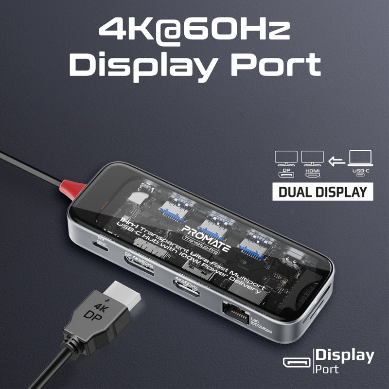 Promate TransHub-Pro connected to a laptop with dual displays