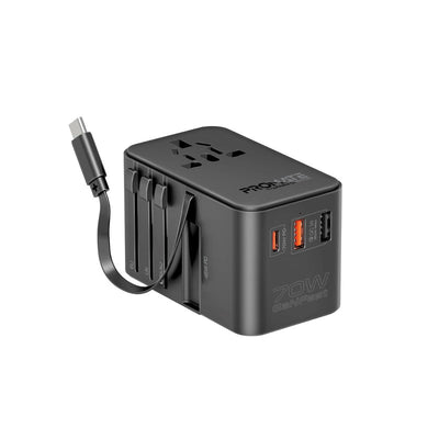 Promate TripMate-GaN70R محول سفر GaN 70 واط مع كيبل USB-C مدمج ينسحب - صورة أمامية