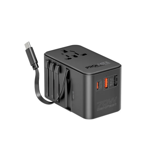 Promate TripMate-GaN70R محول سفر GaN 70 واط مع كيبل USB-C مدمج ينسحب - صورة أمامية