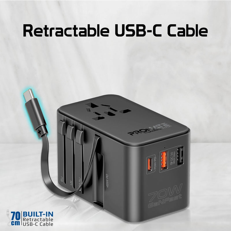 Promate TripMate-GaN70R محول سفر 70 واط - منافذ USB-C وUSB-A ومقبس عالمي