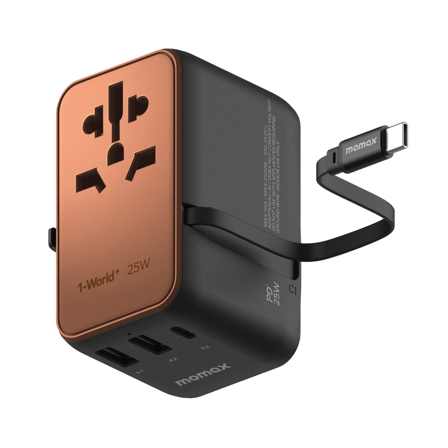 شاحن موماكس World+  العالمي بقدرة شحن 25 واط مع كيبل تايب سي مدمج  | Momax World+ 25W 3-Port Charger with Built-in USB-C Cable + AC Travel Adapter
