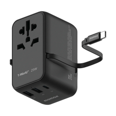 Şarjêra 3-Port a Momax World+ 25W bi Kabloya USB-C ya Çêkirî + Adaptora Seyahetê ya AC