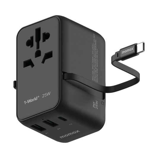 شاحن موماكس World+  العالمي بقدرة شحن 25 واط مع كيبل تايب سي مدمج  | Momax World+ 25W 3-Port Charger with Built-in USB-C Cable + AC Travel Adapter