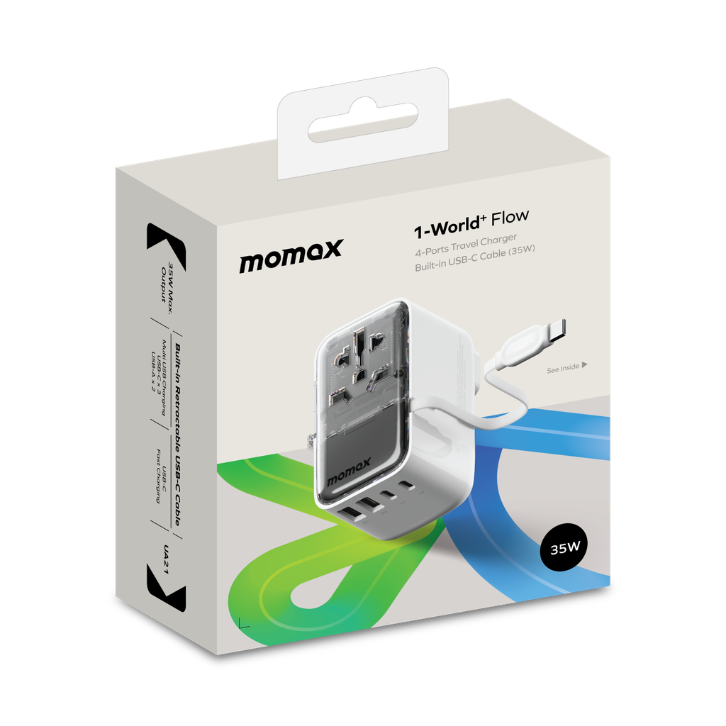 Şarjêra 4-Port a Momax World+ Flow 35W bi Kabloya USB-C ya Çêkirî + Adaptora Seyahetê ya AC