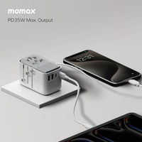 شاحن موماكس World+ Flow  العالمي بـ4 منافذ مع كيبل تايب سي مدمج وبقدرة شحن 35 واط | Momax World+ Flow 35W 4-Port Charger with Built-in USB-C Cable + AC Travel Adapter