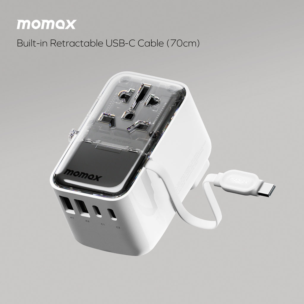 Şarjêra 4-Port a Momax World+ Flow 35W bi Kabloya USB-C ya Çêkirî + Adaptora Seyahetê ya AC