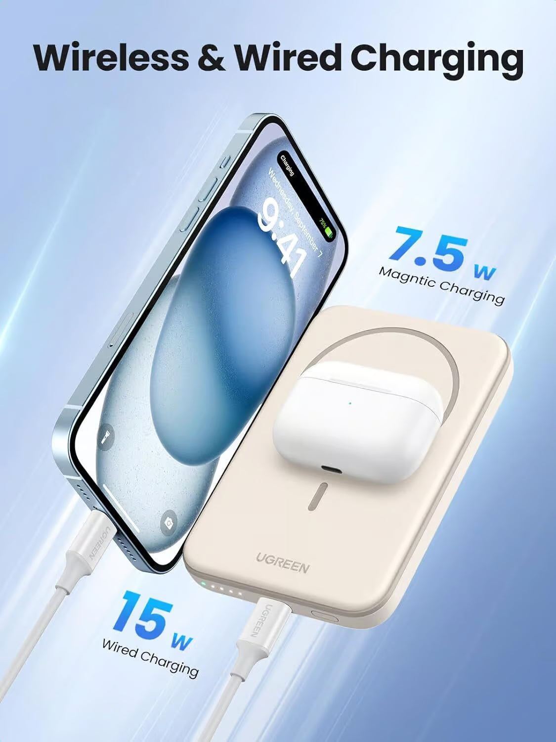 بنك طاقة UGREEN مغناطيسي لاسلكي 5000mAh 15W | UGREEN 5000mAh Mini Magnetic Wireless 15W Power Bank