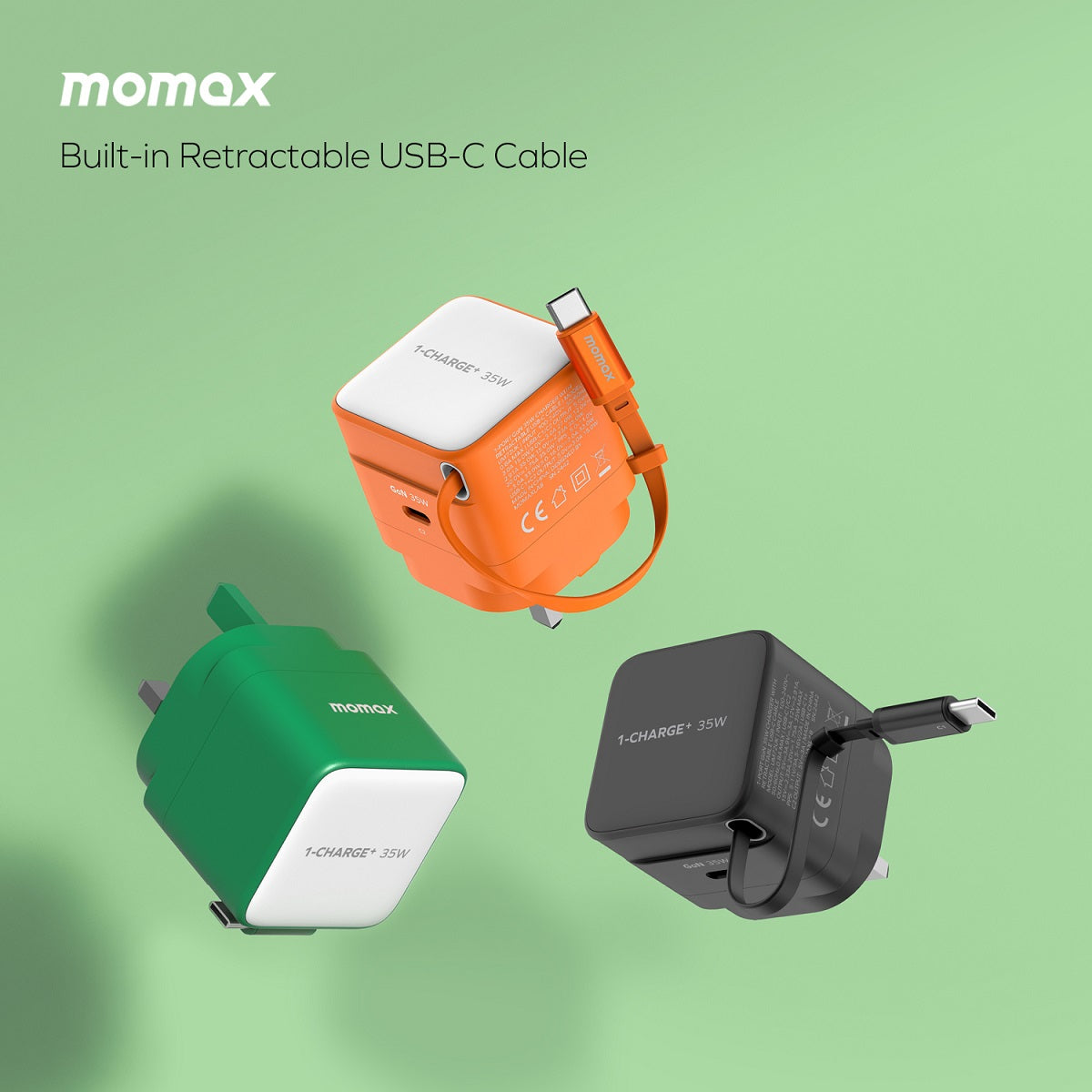 Şarjêra Bilez a Momax CHARGE &amp; Port 35W GaN bi Kabloya USB-C ya Vekişîner - Şarjêra Bilez a Momax Charge &amp; Port 35W bi Kabloya USB-C ya Vekişîner û Porta Zêde