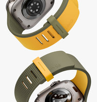 UNIQ Revix IV reversible Apple Watch band Canary Yellow Deep Forest - twin loop detail