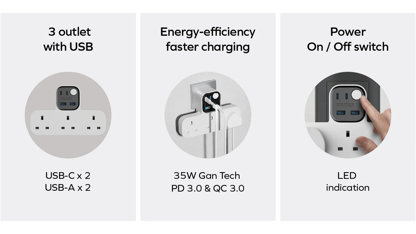 وصلة كهربائية موماكس جارج ورك فلو على شكل حرف T ب 3 منافذ AC ومنافذ يو اس بي | Momax Charge Work Flow T-Shaped Extension 3 Socket with USB