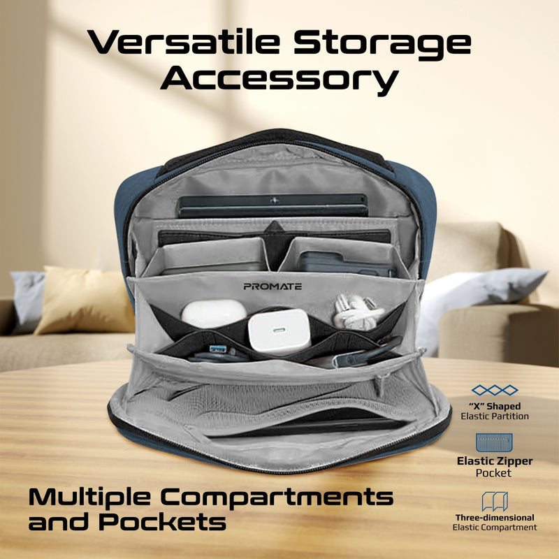 Promate UrbanPouch Tech Organizer Pouch 4L Ripstop Nylon Blue-Angle