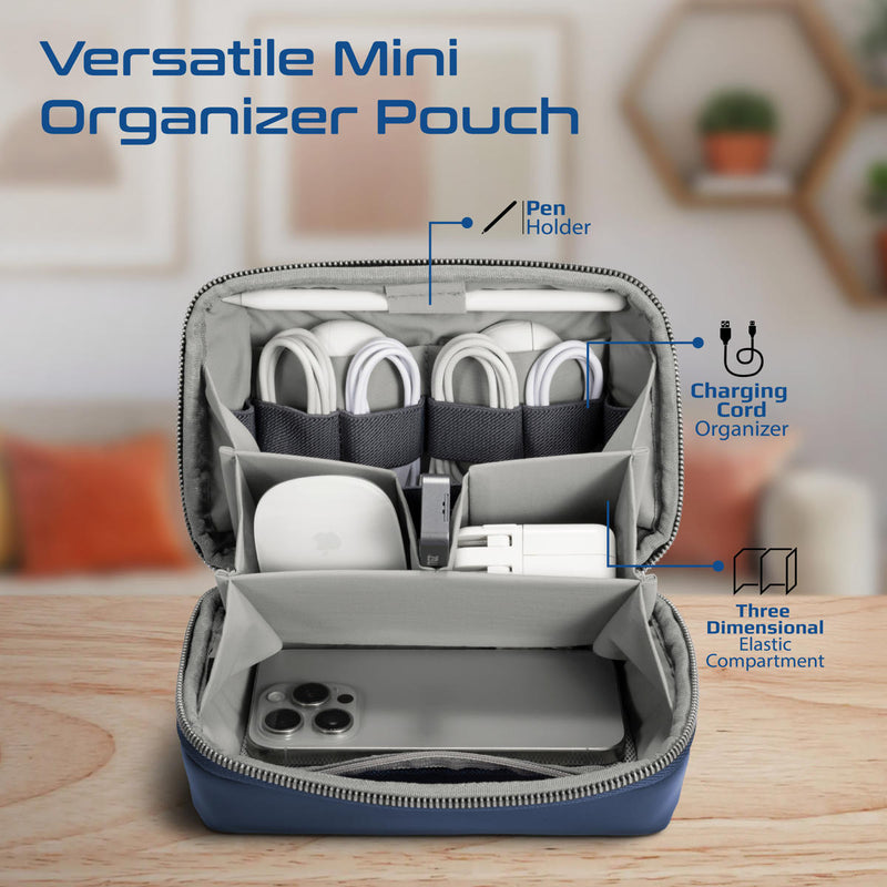Promate Velvena Compact Tech Organizer Pouch 1L PU Leather Blue-Angle