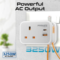 Promate VersaSocket منفذ USB-C ومنفذ QC 3.0 ومقبس تيار متردد 3250 واط
