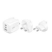 شاحن سفر بيلكن بوست تشارج برو GaN بثلاثة منافذ بقدرة 70 واط مع محولات سفر - أبيض | Belkin BoostCharge Pro 3-Port GaN Wall Charger 70W with Travel Adapter Kit - White