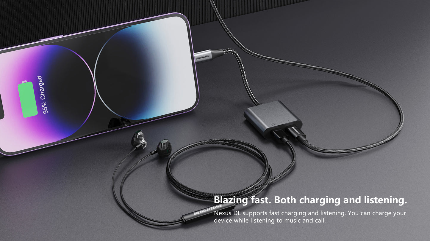 محول روك روز Nexus DL من لايتننغ الى منفذي لايتننغ للشحن والصوت | RockRose Nexus DL Lightning to Lightning + Lightning Adapter (Phone Call & Music)