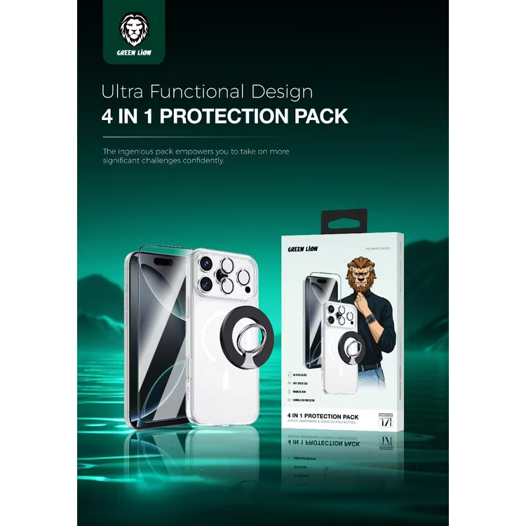 حزمة حماية Green Lion 4 في 1 لآيفون 17 برو ماكس - شفافة | Green Lion 4 in 1 Protection Pack For iPhone 17 Pro Max - Clear