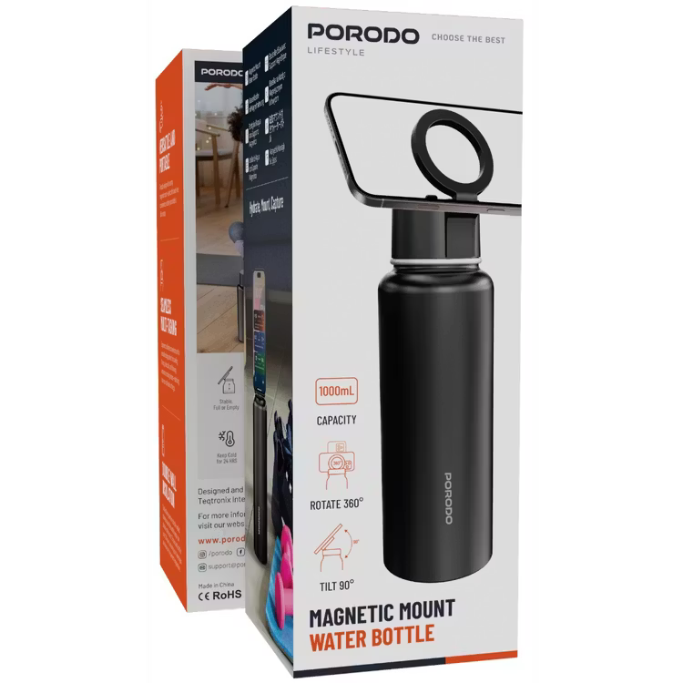 زجاجة ماء مغناطيسية بورودو لايف ستايل 32 أونصة - أسود | Porodo Lifestyle Magsafe Bottle 32oz - Black