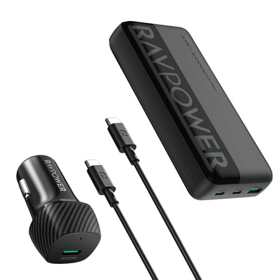 مجموعة شاحن السيارة راف باور RP-VC1015 كومبو RP-VC1017 + RP-PB1229 + CB1021 - اسود | RavPower RP-VC1015 Car Charger Combo RP-VC1017 + RP-PB1229 + CB1021 - Black