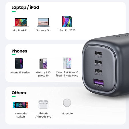 UGREEN USB-A+3×USB-C 100W GaN Tech Fast Charger - شاحن يوجرين 100 واط 4 منافذ GaN سريع