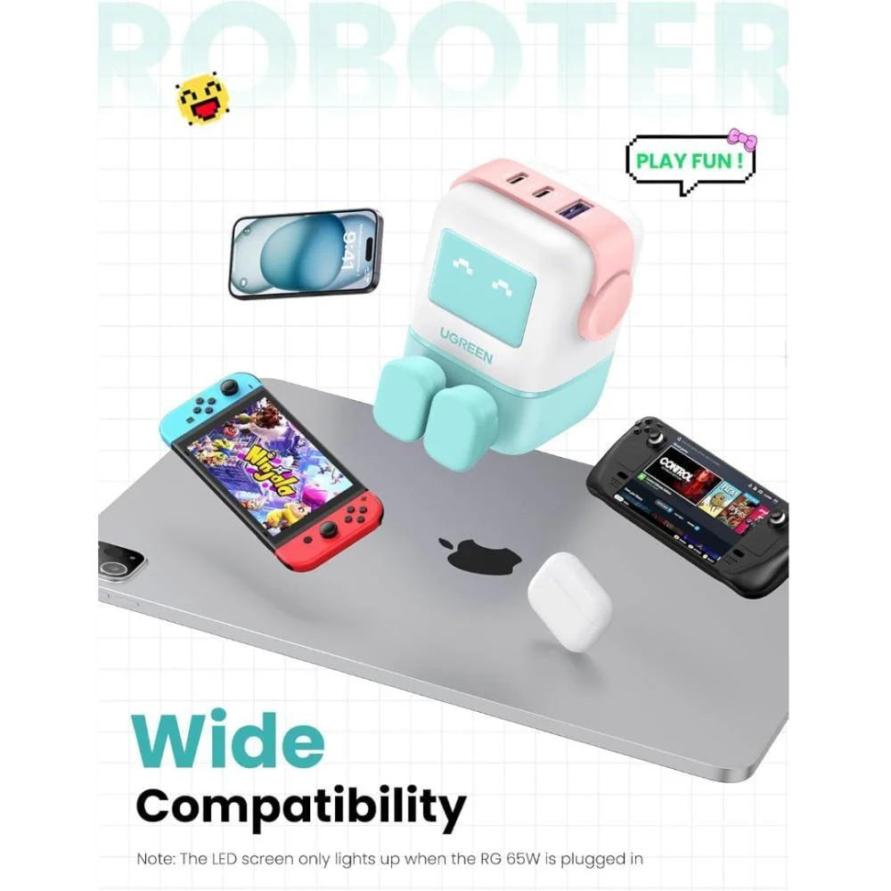 شاحن سريع Ugreen USB-A+2*USB-C 65W Robot GaN Tech Fast Charger
