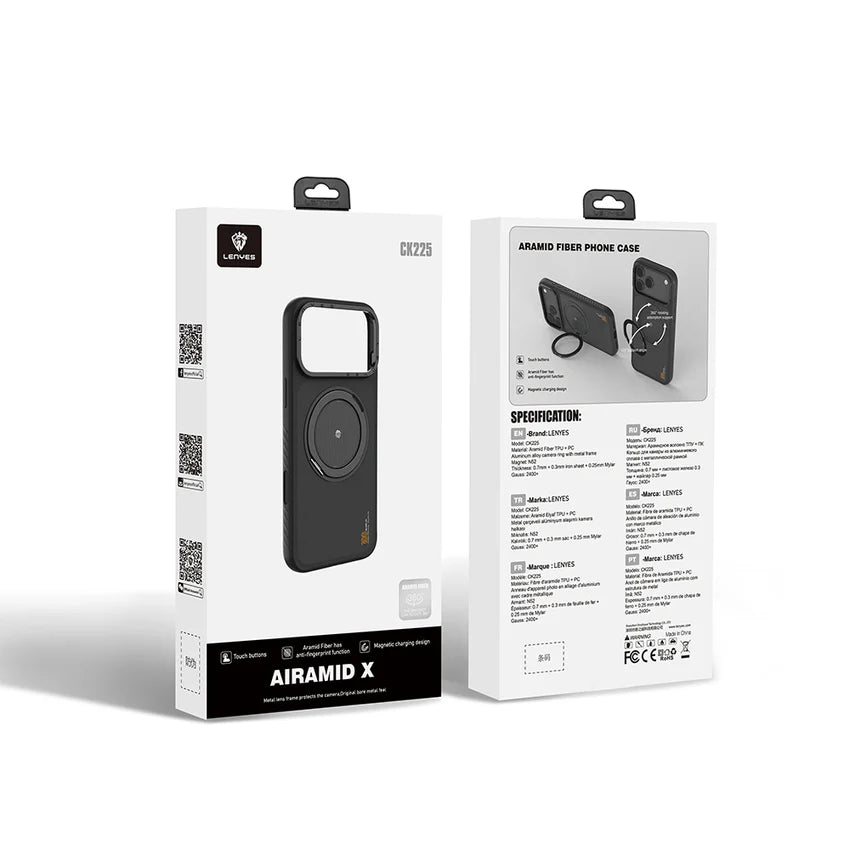 جراب كيفلار Lenyes CK225 لـ iPhone 17 Pro Max حامل معدني M-Safe دوران 360 مغناطيس N52 40غ | Lenyes CK225 Kevlar iPhone 17 Pro Max Case M-Safe Metal Stand 360 N52 Magnet 40g