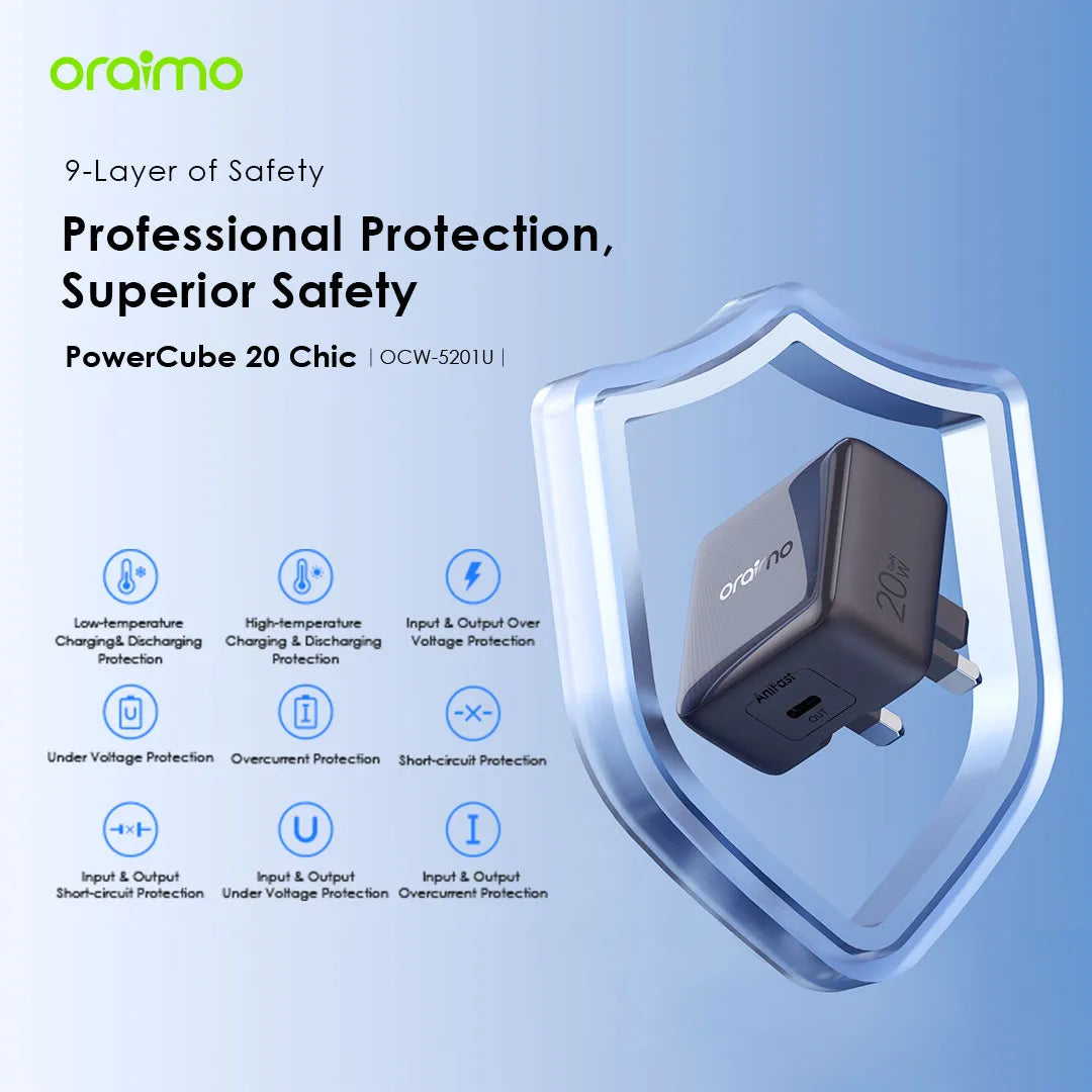 شاحن جداري أورايمو بقدرة شحن 20 واط مع كيبل تايب سي الى تايب سي – أسود | Oraimo Charger kit UK OCW-5201U+CC54 - Black