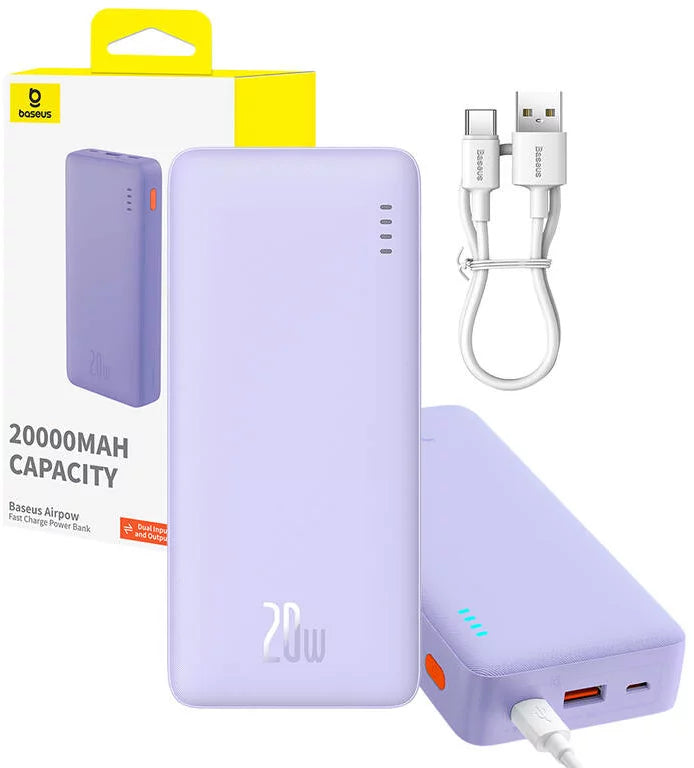 Baseus Airpow Power Bank 20000mAh 20W Purple with Cable - بطارية بيسوس إيربو المحمولة 20000 مللي أمبير 20 واط بنفسجي مع كابل