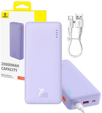 Baseus Airpow Power Bank 20000mAh 20W Purple with Cable - بطارية بيسوس إيربو المحمولة 20000 مللي أمبير 20 واط بنفسجي مع كابل