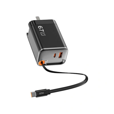 شاحن ويوو هيليكس برو Wi-G027 67W GaN مع كيبل قابل للسحب 70سم ومحولات | WiWU Helix Pro 67W GaN Charger Wi-G027 with 70cm Retractable Cable & Adapters