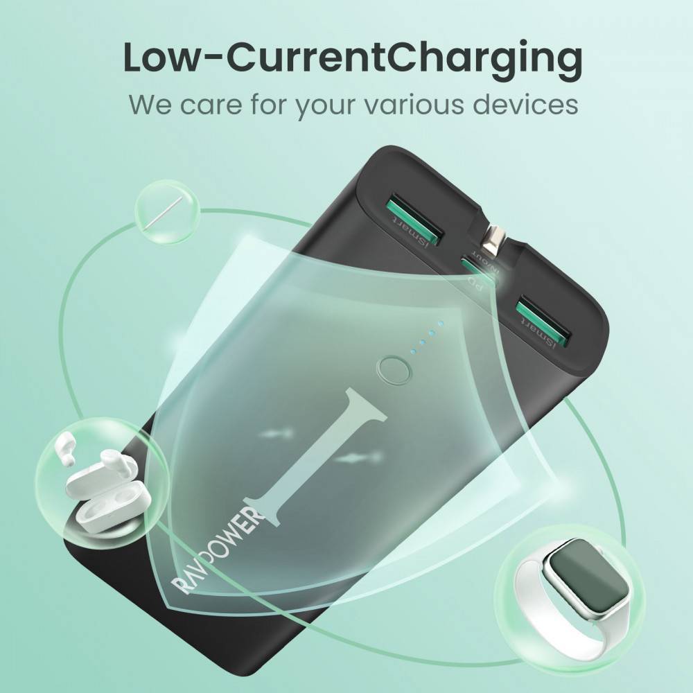 باور بانك راف باور مع محول بسعة 10000 مللي أمبير 2 منافذ يو اس بي و يو اس بي سي - RAVPower Power Bank with 2 in 1 Adapter 10000mAh 2 USB + USB-C