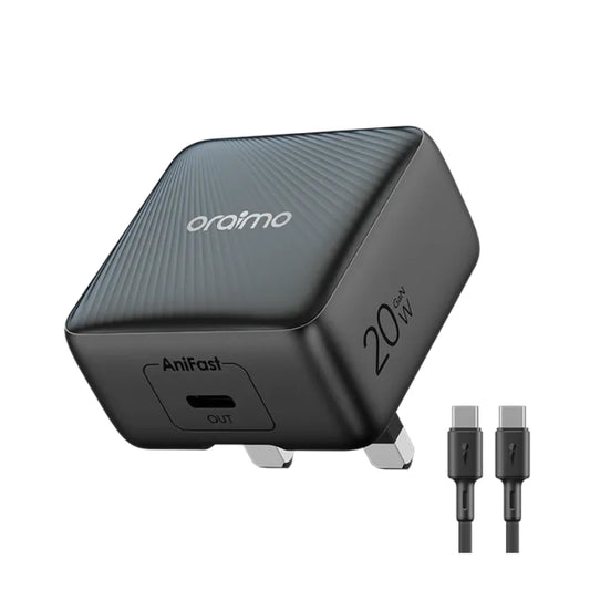 شاحن جداري أورايمو بقدرة شحن 20 واط مع كيبل تايب سي الى تايب سي – أسود | Oraimo Charger kit UK OCW-5201U+CC54 - Black