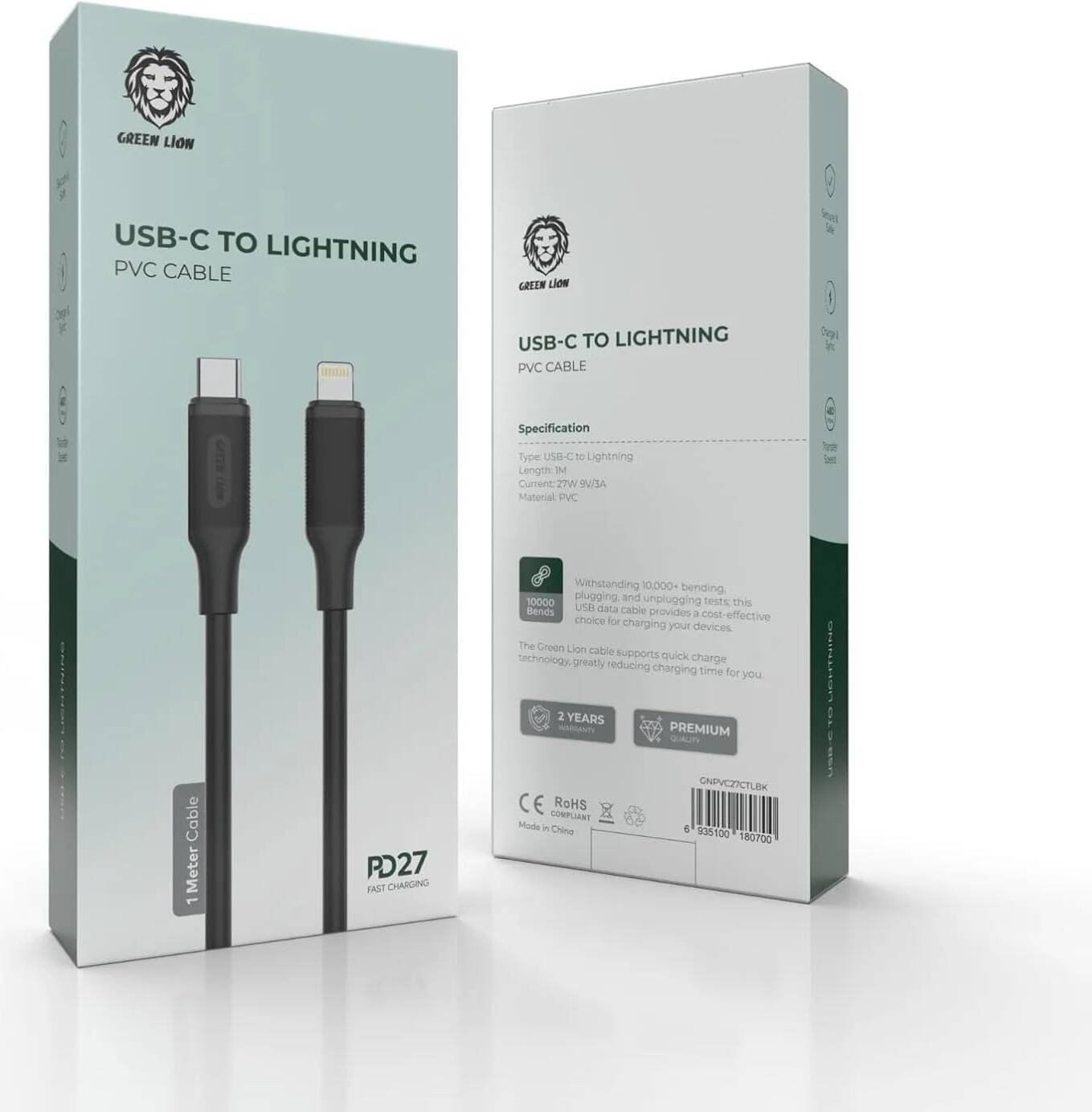 Kabloya USB-C bo Lightning a Green Lion, 1m, Hêza Barkirinê ya 27W - Reş | Kabloya PVC ya USB-C bo Lightning a Green Lion, 1m, PD, 27W - Reş