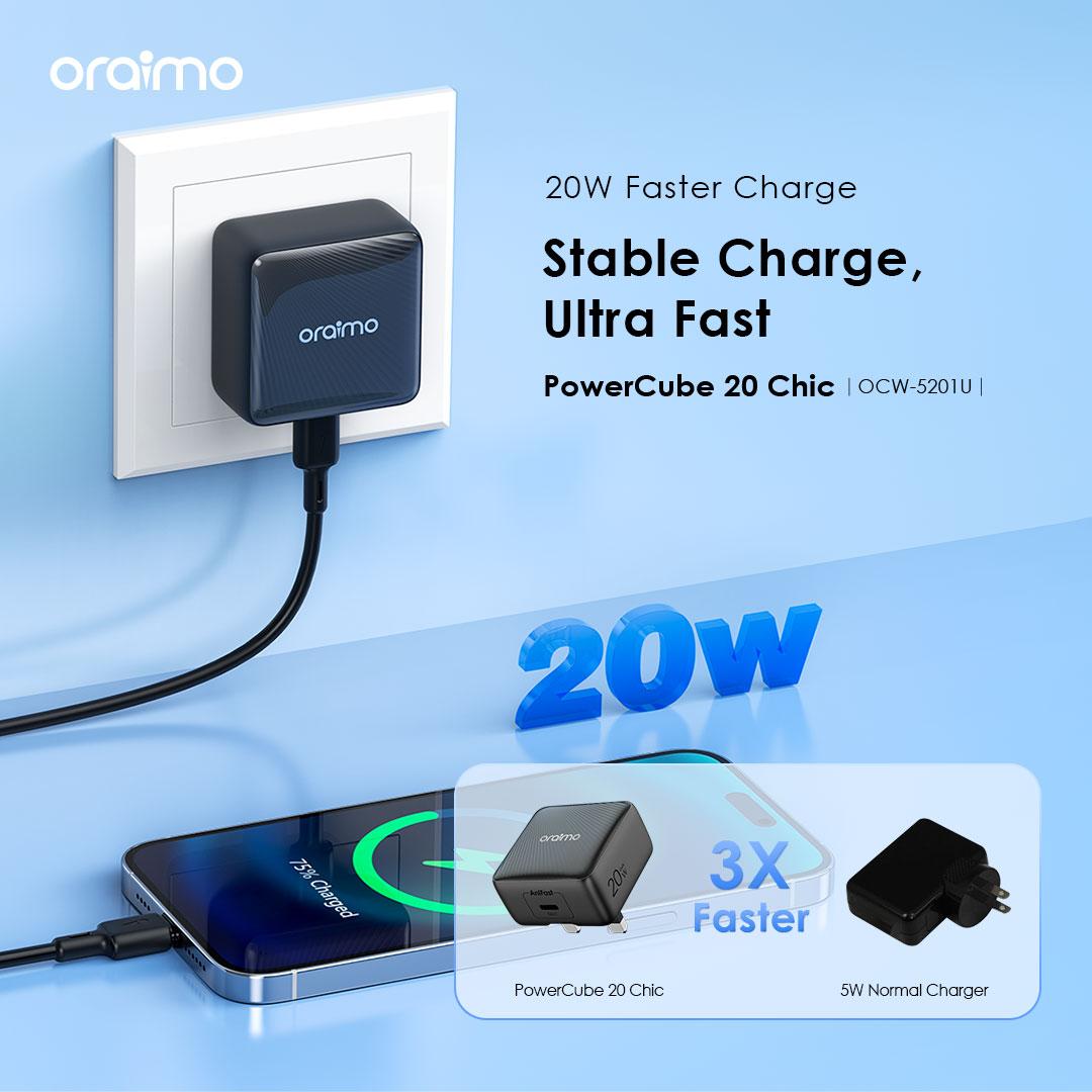 شاحن جداري أورايمو بقدرة شحن 20 واط مع كيبل تايب سي الى تايب سي – أسود | Oraimo Charger kit UK OCW-5201U+CC54 - Black