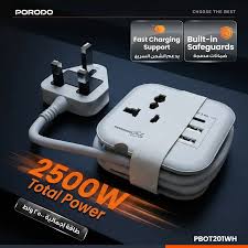 مقبس بورودو فولغا الكهربائي العالمي متعدد المنافذ 2500W مع USB-A وUSB-C - أبيض | Porodo Blue Volga Multi-Port Universal AC Socket with USB-A & C White